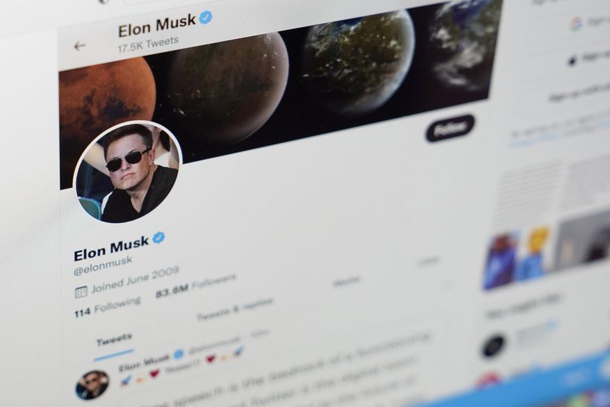The Twitter page of Elon Musk is seen on the screen of a computer in Sausalito, Calif., on Monday, April 25, 2022. On Monday, Musk reached an agreement to buy Twitter for about $44 billion. (AP Photo/Eric Risberg)