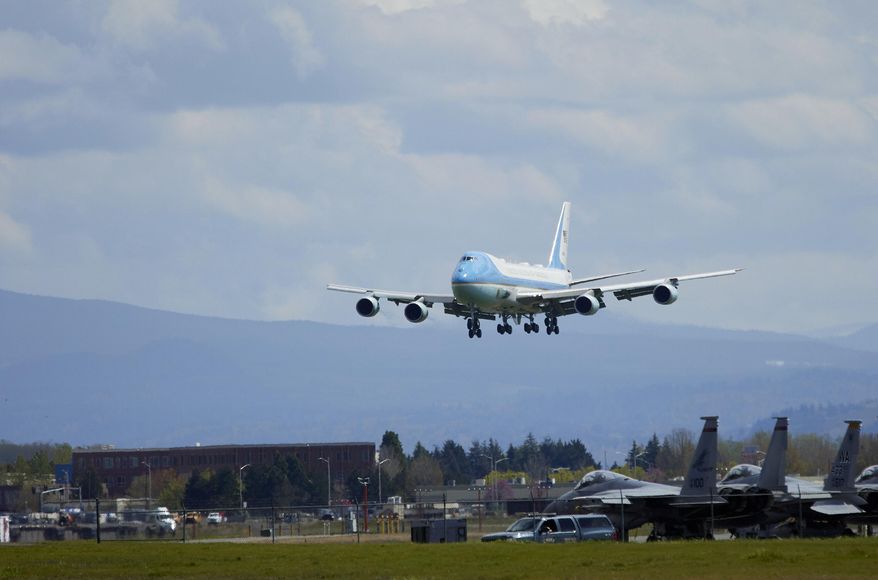 Air Force One with President Joe Biden arrives at Portland International Airport in Portland, Ore., Thursday, April 21, 2022. (AP Photo/Craig Mitchelldyer)