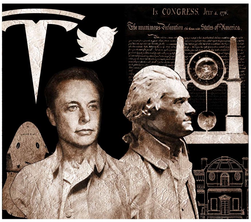 Illustration comparing Elon Musk to Thomas Jefferson by Alexander Hunter/The Washington Times