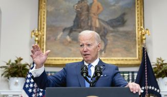 President Biden speaks about the war in Ukraine in the Roosevelt Room at the White House, Thursday, April 28, 2022, in Washington. (AP Photo/Andrew Harnik)