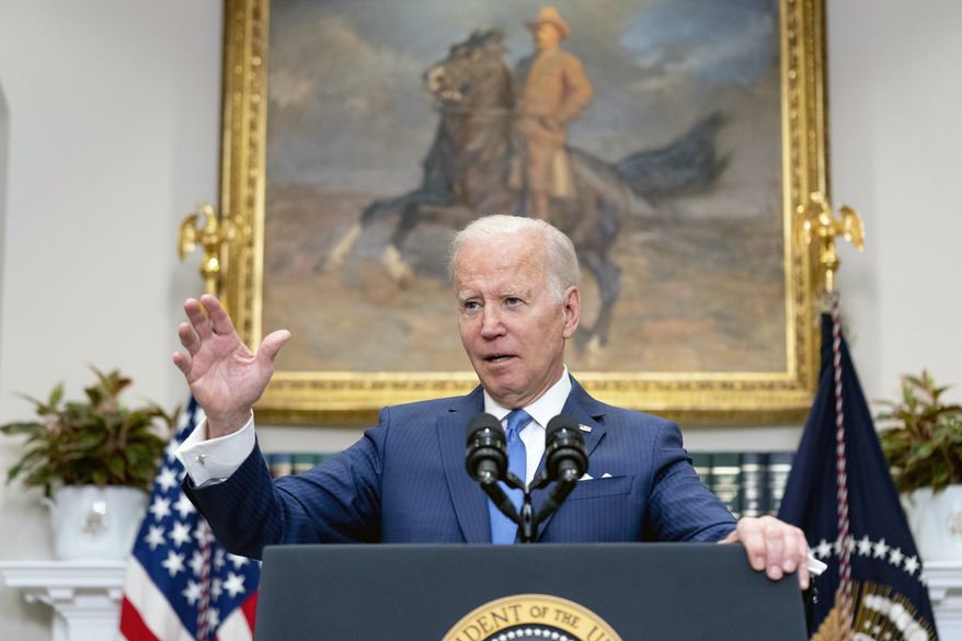 President Biden speaks about the war in Ukraine in the Roosevelt Room at the White House, Thursday, April 28, 2022, in Washington. (AP Photo/Andrew Harnik)