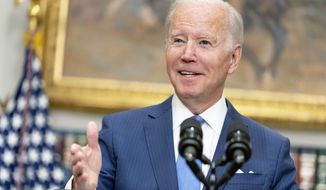 President Joe Biden speaks about the war in Ukraine in the Roosevelt Room at the White House, Thursday, April 28, 2022, in Washington. (AP Photo/Andrew Harnik)