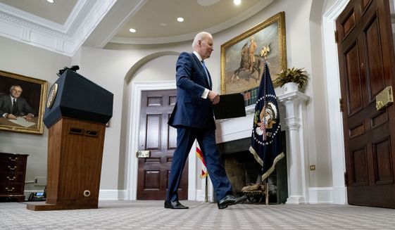 President Joe Biden departs after speaking about the war in Ukraine in the Roosevelt Room at the White House, Thursday, April 28, 2022, in Washington. (AP Photo/Andrew Harnik)