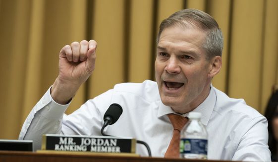 Ranking member of the House Judiciary Committee Rep. Jim Jordan, R-Ohio, speaks during a hearing with Homeland Security Secretary Alejandro Mayorkas, on Capitol Hill, Thursday, April 28, 2022, in Washington. (AP Photo/Evan Vucci) ** FILE **