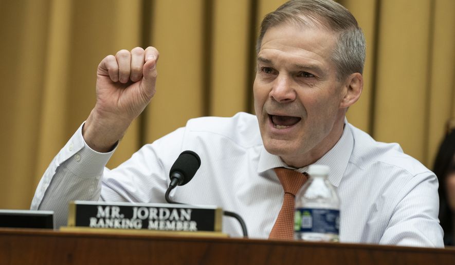 Ranking member of the House Judiciary Committee chairman Rep. Jim Jordan, R-Ohio, speaks during a hearing with Homeland Security Secretary Alejandro Mayorkas, on Capitol Hill, Thursday, April 28, 2022, in Washington. (AP Photo/Evan Vucci) **FILE**