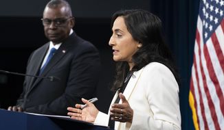 Canada&#39;s Minister of National Defense Anita Anand speaks during a news conference with Secretary of Defense Lloyd Austin following their meeting at the Pentagon, Thursday, April 28, 2022, in Washington. (AP Photo/Manuel Balce Ceneta)