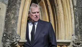 FILE - Britain&#39;s Prince Andrew appears at the Royal Chapel at Windsor, following the death announcement of his father Prince Philip, April 11, 2021, in England. Prince Andrew has lost another ceremonial honor as groups throughout Britain cut ties to the royal disgraced by allegations of sexual misconduct. Councilors in the northern city of York on Wednesday night, April 27, 2022 voted unanimously to withdraw the prince’s status as a “freeman of the city.” The honor was awarded to Andrew in 1987 after Queen Elizabeth II made him the Duke of York.  (Steve Parsons/Pool Photo via AP, File)