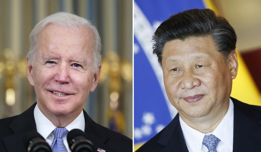 This combination image shows U.S. President Joe Biden in Washington, Nov. 6, 2021, and China&#x27;s President Xi Jinping in Brasília, Brazil, Nov. 13, 2019.  Americans are increasingly seeing China as a world superpower and a threat, though growing numbers perceive China more as a competitor than an enemy, according to a Washington-based Pew Research Center survey released Thursday, April 28, 2022. (AP Photo/Alex Brandon, Eraldo Peres, File)  **FILE**