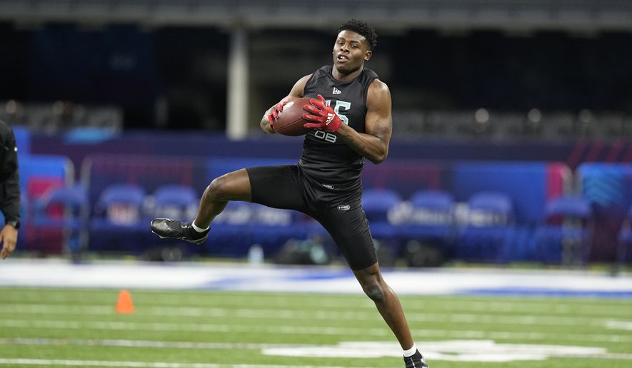 Louisiana-Lafayette defensive back Percy Butler runs a drill during the NFL football scouting combine, Sunday, March 6, 2022, in Indianapolis. (AP Photo/Darron Cummings) **FILE**