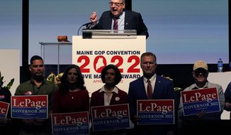 Republican candidate for governor Paul LePage speaks at the Republican state convention, Saturday, April 30, 2022, in Augusta, Maine. (AP Photo/Robert F. Bukaty)