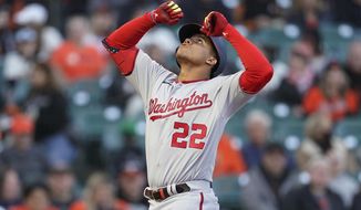 Washington Nationals&#39; Juan Soto celebrates after hitting a home run against the San Francisco Giants during the first inning of a baseball game in San Francisco, Friday, April 29, 2022. (AP Photo/Jeff Chiu)