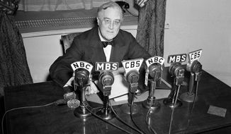 In this Feb. 27, 1941, file photo, President Franklin D. Roosevelt speaks on the radio from the Oval Room of the White House. During an extraordinary 12 years in office, Roosevelt guided the nation through a bleak period of Depression-era unemployment, a severe Midwest drought known as the Dust Bowl and battle against the Nazis and Japanese in World War II. (AP Photo/Henry Griffin, File)