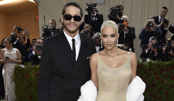 Kim Kardashian, right, and Pete Davidson attend The Metropolitan Museum of Art&#39;s Costume Institute benefit gala celebrating the opening of the &quot;In America: An Anthology of Fashion&quot; exhibition on Monday, May 2, 2022, in New York. (Photo by Evan Agostini/Invision/AP)