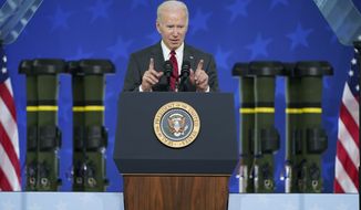President Joe Biden speaks on security assistance to Ukraine during a visit to the Lockheed Martin Pike County Operations facility where they manufacture Javelin anti-tank missiles, Tuesday, May 3, 2022, in Troy, Ala. (AP Photo/Evan Vucci)