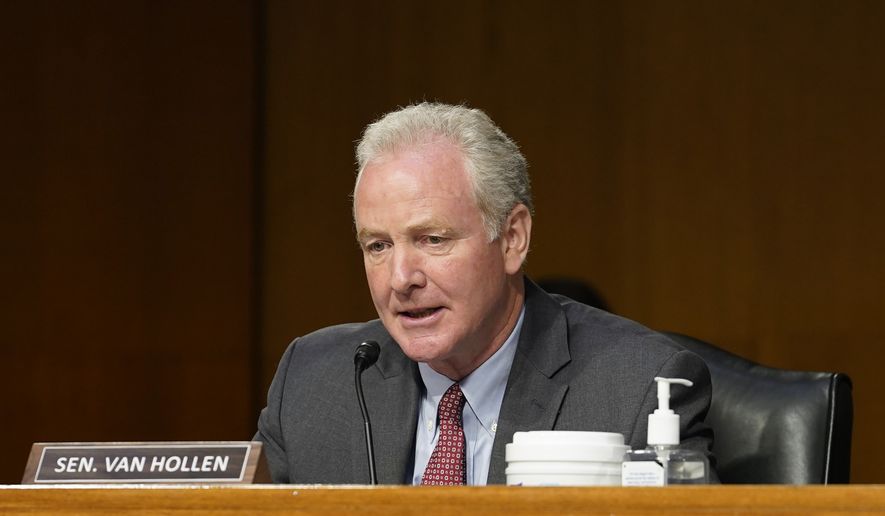 Sen. Chris Van Hollen, D-Md., speaks during a Senate Appropriations subcommittee hearing on the proposed budget estimates and justification for fiscal year 2023 for the National Aeronautics and Space Administration and the National Science Foundation, Tuesday, May 3, 2022, on Capitol Hill in Washington. (AP Photo/Mariam Zuhaib)