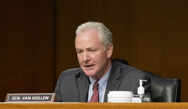 Sen. Chris Van Hollen, D-Md., speaks during a Senate Appropriations subcommittee hearing on the proposed budget estimates and justification for fiscal year 2023 for the National Aeronautics and Space Administration and the National Science Foundation, Tuesday, May 3, 2022, on Capitol Hill in Washington. (AP Photo/Mariam Zuhaib)