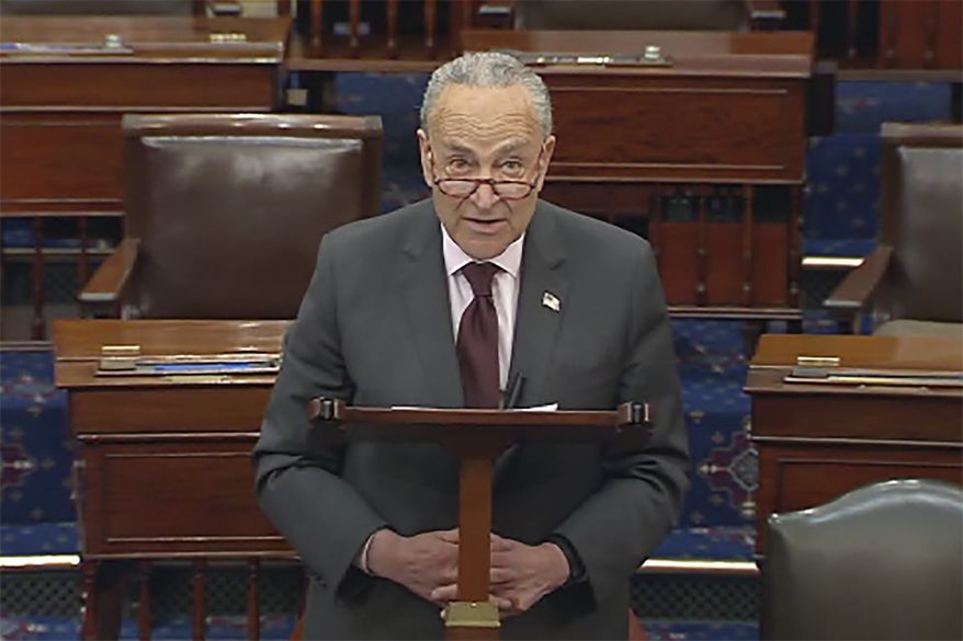 In this image from Senate TV, Senate Majority Leader Chuck Schumer of N.Y., speaks on the Senate floor, Tuesday, May 3, 2022 at the Capitol in Washington.   A draft opinion suggests the U.S. Supreme Court could be poised to overturn the landmark 1973 Roe v. Wade case that legalized abortion nationwide, according to a Politico report.  This is as urgent and real as it gets, Schumer said on the Senate floor Tuesday. Every American is going to see on which side every senator stands. (Senate TV via AP)