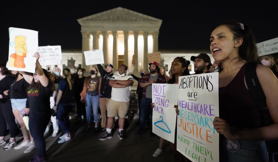 A crowd of people gathered outside the Supreme Court, early Tuesday, May 3, 2022, in Washington. A draft opinion circulated among Supreme Court justices suggests that earlier this year a majority of them had thrown support behind overturning the 1973 case Roe v. Wade that legalized abortion nationwide, according to a report published Monday night in Politico. It&#x27;s unclear if the draft represents the court&#x27;s final word on the matter. The Associated Press could not immediately confirm the authenticity of the draft Politico posted, which if verified marks a shocking revelation of the high court&#x27;s secretive deliberation process, particularly before a case is formally decided. (AP Photo/Alex Brandon)