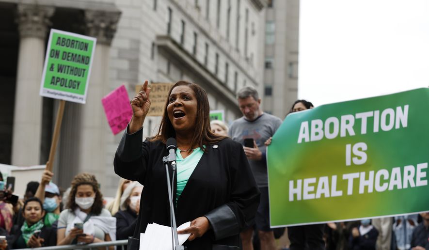 New York Attorney General Letitia James speaks at a rally in support of abortion rights, Tuesday, May 3, 2022, in New York. A draft opinion suggests the U.S. Supreme Court could be poised to overturn the landmark 1973 Roe v. Wade case that legalized abortion nationwide, according to a Politico report released Monday. (AP Photo/Jason DeCrow)