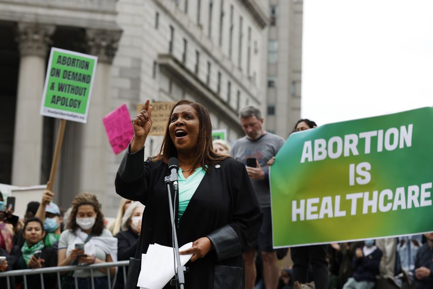 New York Attorney General Letitia James speaks at a rally in support of abortion rights, Tuesday, May 3, 2022, in New York. A draft opinion suggests the U.S. Supreme Court could be poised to overturn the landmark 1973 Roe v. Wade case that legalized abortion nationwide, according to a Politico report released Monday. (AP Photo/Jason DeCrow)