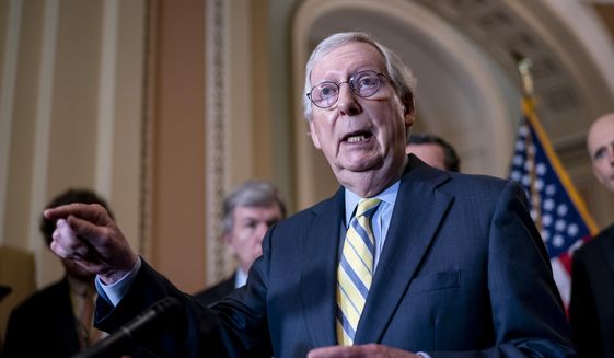 Senate Minority Leader Mitch McConnell, R-Ky., joined by the GOP leadership, meets with reporters at the Capitol in Washington, Tuesday, May 3, 2022, in thsi file photo. (AP Photo/J. Scott Applewhite)  **FILE**