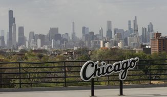 FILE - Chicago&#39;s skyline is seen from the Guaranteed Rate Field before a baseball game between the Chicago White Sox and Detroit Tigers, Tuesday, April 27, 2021, in Chicago. Chicago on Tuesday, May 3, 2022, announced a bid to bring the Democratic National Convention that will choose the party&#39;s presidential nominee to the city in 2024. The announcement was accompanied by endorsements from top Illinois Democrats, including Gov. J.B. Pritzker and Chicago Mayor Lori Lightfoot. (AP Photo/Kamil Krzaczynski, File)