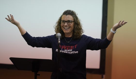 Christian conservative, Lorissa Sweet speaks during a rally, Thursday, April 28, 2022, in Warren, Ind. Sweet found herself increasingly frustrated with Republicans in the Indiana Statehouse who she said were too willing to compromise on such issues as abortion and gun rights. (AP Photo/Darron Cummings)