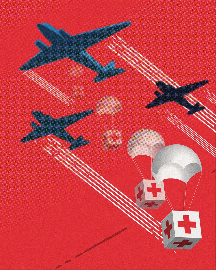 Illustration on the humanitarian aid and the war in Ukraine by Linas Garsys/The Washington Times
