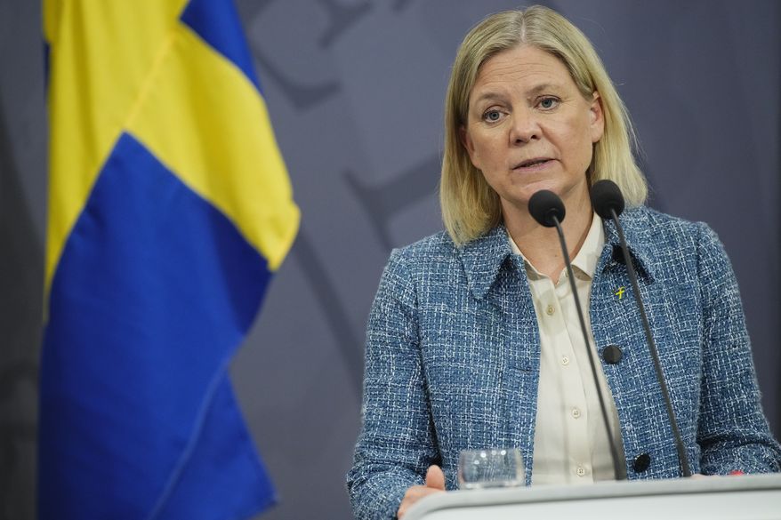 Magdalena Andersson, Prime Minister of Sweden, speaks during a joint Nordic press conference in Copenhagen on Wednesday, May 4, 2022. (Martin Sylvest/Ritzau Scanpix via AP)