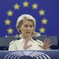 European Commission President Ursula von der Leyen delivers her speech during a debate on the social and economic consequences for the EU of the Russian war in Ukraine, Wednesday, May 4, 2022 at the European Parliament in Strasbourg, eastern France. (AP Photo/Jean-Francois Badias)