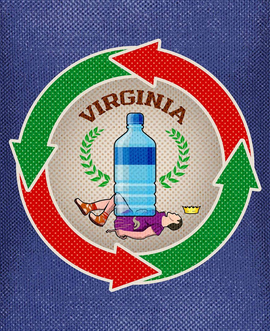 Illustration of Governor Youngkin&#39;s recycling of plastic bottles and environmental policy by Greg Groesch/The Washington Times