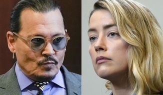 This combination of two separate photos shows actors Johnny Depp, and Amber Heard in the courtroom at the Fairfax County Circuit Court in Fairfax, Va., on May 4, 2022. Depp is suing his ex-wife Heard for libel after she wrote an op-ed piece in The Washington Post in 2018 referring to herself as a &amp;quot;public figure representing domestic abuse.&amp;quot; (Elizabeth Frantz/Pool Photos via AP)