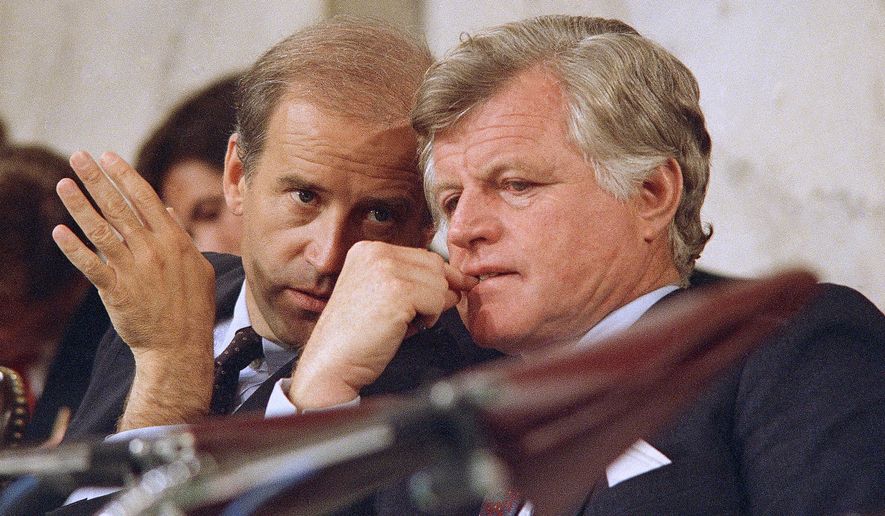 Senate Judiciary Chairman Joseph Biden Jr., of Delaware, left, speaks with Sen. Edward Kennedy, D-Mass., during the confirmations hearings for Supreme Court nominee Robert H. Bork on Capitol Hill in Washington, Sept. 16, 1987. During the hearing Biden focused his questioning on Griswold v. Connecticut, a 1965 decision that allowed married couples to buy birth control. “If we tried to make this a referendum on abortion rights, for example, we’d lose,&amp;quot; he wrote in his 2007 memoir, “Promises to Keep.” (AP Photo/John Duricka, File)