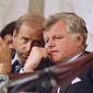 FILE - Senate Judiciary Chairman Joseph Biden Jr., of Delaware, left, speaks with Sen. Edward Kennedy, D-Mass., during the confirmations hearings for Supreme Court nominee Robert H. Bork on Capitol Hill in Washington, Sept. 16, 1987. During the hearing Biden focused his questioning on Griswold v. Connecticut, a 1965 decision that allowed married couples to buy birth control. “If we tried to make this a referendum on abortion rights, for example, we’d lose,&amp;quot; he wrote in his 2007 memoir, “Promises to Keep.” (AP Photo/John Duricka, File)
