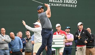 Jason Day follows through on a swing during the 1st round of the Wells Fargo Championship at TPC Potomac at Avenel Farm, Potomac, MD, May 5, 2022. (Photo by All-Pro Reels)
