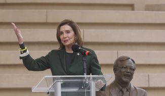 House Speaker Nancy Pelosi speaks during a press event where a statue of Mayor Ed Lee was unveiled at Chase Center&#39;s Thrive City Plaza on Thursday, May 5, 2022 in San Francisco. Lee served as Mayor from 2011 until his untimely death in 2017. (Lea Suzuki/San Francisco Chronicle via AP)
