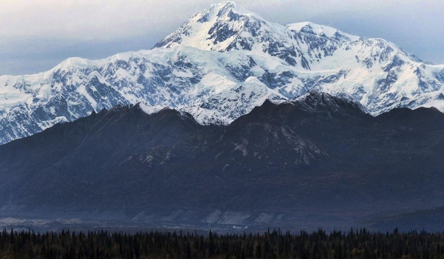FILE - In this Oct. 1, 2017, photo, North America&#x27;s tallest peak, Denali, is seen from a turnout in Denali State Park, Alaska. National park rangers in Alaska on Friday, May 6, 2022, resumed an aerial search for the year&#x27;s first registered climber on North America&#x27;s tallest peak after he didn&#x27;t check in with a friend. (AP Photo/Becky Bohrer, File)