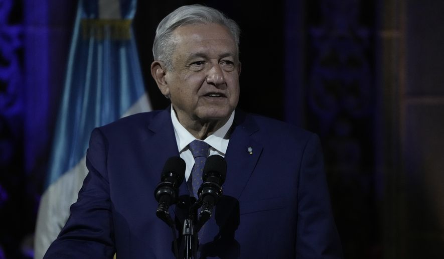 Mexican President Andres Manuel Lopez Obrador speaks during a joint statement with Guatemalan President Alejandro Giammattei at the National Palace in Guatemala City on Thursday, May 5, 2022. (AP Photo/Moises Castillo) **FILE**