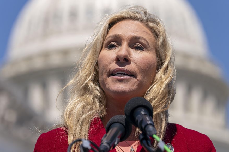 Rep. Marjorie Taylor Greene, R-Ga., speaks about Twitter, Thursday, April 28, 2022, on Capitol Hill in Washington. (AP Photo/Jacquelyn Martin) ** FILE **