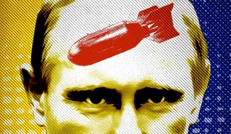 Vladamir Putin and nuclear bombs Illustration by Greg Groesch/The Washington Times