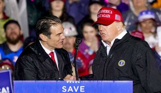 In this file photo, Pennsylvania Senate candidate Mehmet Oz, left, accompanied by former President Donald Trump, speaks at a campaign rally in Greensburg, Pa., Friday, May 6, 2022. (AP Photo/Gene J. Puskar)  **FILE**