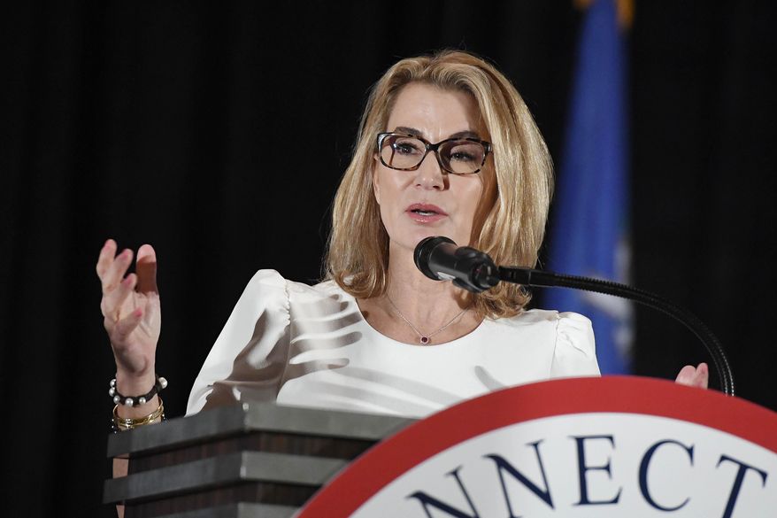 Republican candidate for U.S. Senate Themis Klarides, accepts her party&#39;s endorsement at the State Republican Convention, Saturday, May 7, 2022, in Mashantucket, Conn. (AP Photo/Jessica Hill)