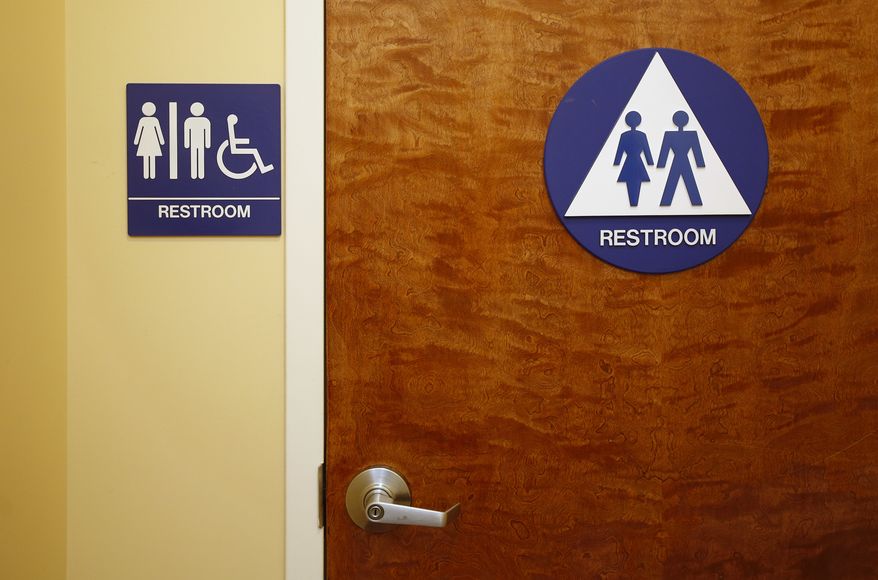 A gender neutral restroom is seen at the Downtown &amp; Vine Restaurant and Wine Bar, Monday, May 9, 2016, in Sacramento, Calif. A measure, by Assemblyman Phil Ting, D-San Francisco, requiring all single-stall restrooms to be gender-neutral, was approved by the state Assembly, Monday. The bill now goes to the Senate. (AP Photo/Rich Pedroncelli)