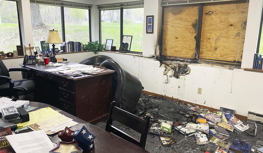 Damage is seen in the interior of Madison&#x27;s Wisconsin Family Action headquarters in Madison, Wis., on Sunday, May 8, 2022. The Madison headquarters of the anti-abortion group was vandalized late Saturday or early Sunday, according to an official with the group. (Alex Shur/Wisconsin State Journal via AP)