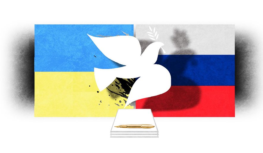 Illustration on conditions for peace between Russia and Ukraine by Alexander Hunter/The Washington Times
