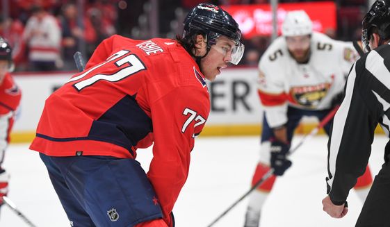 Washington Capitals right wing T.J. Oshie (77) lining up for the faceoff during the 2nd period in a game against the Florida Panthers at Capital One Arena in Washington D.C., May 9, 2022. (Photo by All-Pro Reels)