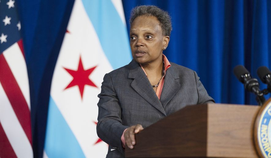 Mayor Lori Lightfoot speaks about funding reproductive health resources during a news conference at City Hall, Monday, May 9, 2022, in Chicago. (Anthony Vazquez/Chicago Sun-Times via AP)