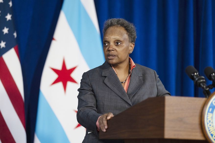 Mayor Lori Lightfoot speaks about funding reproductive health resources during a news conference at City Hall, Monday, May 9, 2022, in Chicago. (Anthony Vazquez/Chicago Sun-Times via AP)