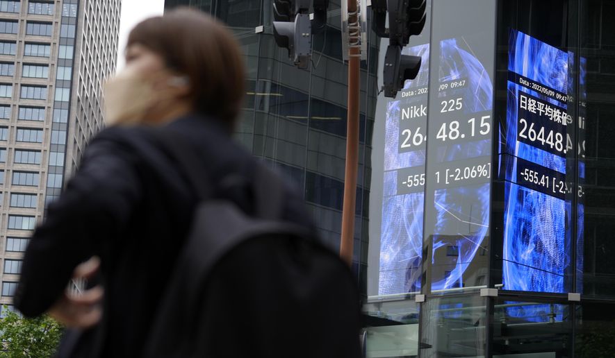 A woman wearing a protective mask stands in front of an electronic stock board showing Japan&#39;s Nikkei 225 index Monday, May 9, 2022, in Tokyo. Shares fell in most Asian markets on Monday as interest rate hikes and a slowing Chinese economy weighed on investor sentiment. (AP Photo/Eugene Hoshiko)