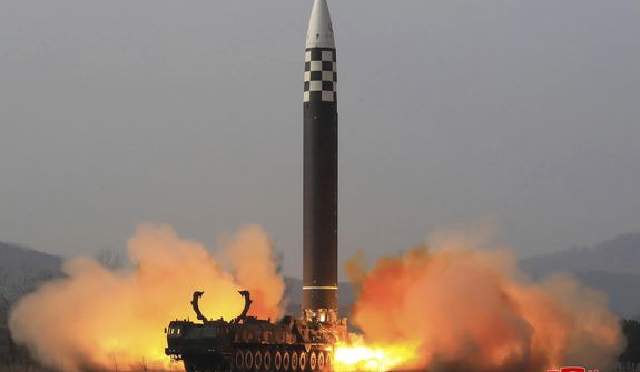 This photo distributed by the North Korean government shows what it says is a test-fire of a Hwasong-17 intercontinental ballistic missile (ICBM), at an undisclosed location in North Korea on March 24, 2022. Independent journalists were not given access to cover the event depicted in this image distributed by the North Korean government. The content of this image is as provided and cannot be independently verified. Korean language watermark on image as provided by source reads: &amp;quot;KCNA&amp;quot; which is the abbreviation for Korean Central News Agency. Yoon Suk Yeol takes office as South Korea&#39;s president Tuesday, May 10 amid heightened animosities over North Korea&#39;s nuclear program.  (Korean Central News Agency/Korea News Service via AP) **FILE**